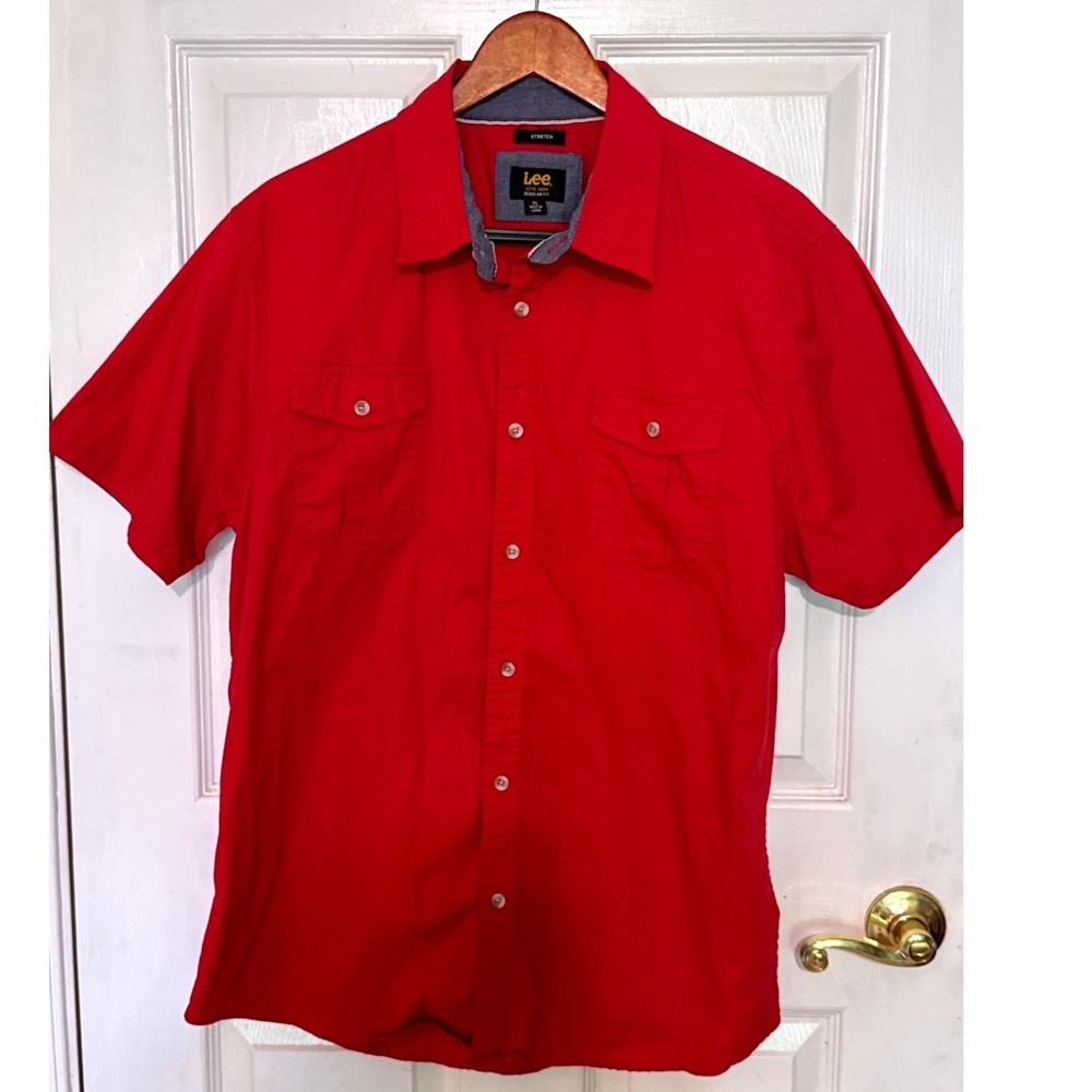 Lee Button Down Shirt Mens‎ XL Red  Short Sleeve Stretch Regular Fit